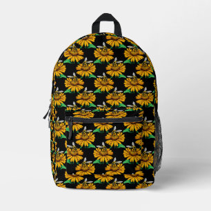 Bee on Sunflower Flower Pattern Design Black Printed Backpack