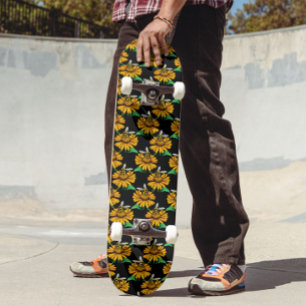 Bee on Sunflower Flower Pattern Design Black  Skateboard