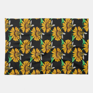 Bee on Sunflower Flower Pattern Design Black Tea Towel