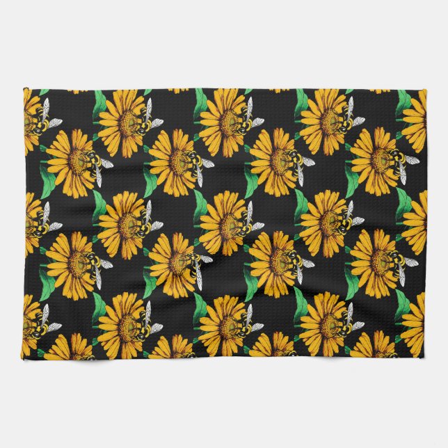 Bee on Sunflower Flower Pattern Design Black  Tea Towel (Horizontal)