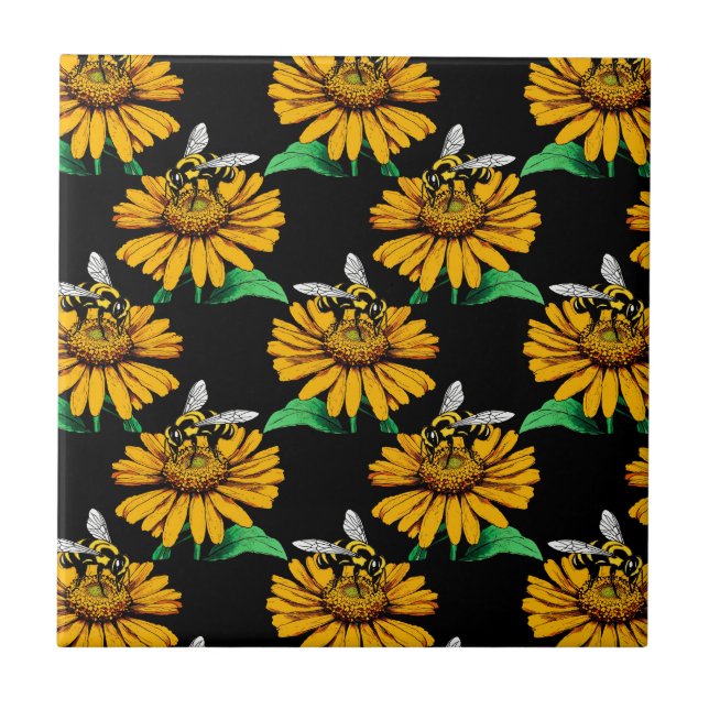 Bee on Sunflower Flower Pattern Design Black  Tile (Front)