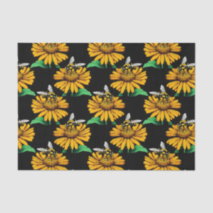 Bee on Sunflower Flower Pattern Design Black Tissue Paper