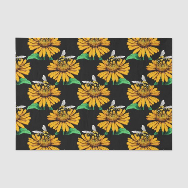 Bee on Sunflower Flower Pattern Design Black  Tissue Paper (Front)