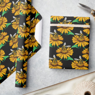 Bee on Sunflower Flower Pattern Design Black Wrapping Paper