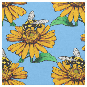 Bee on Sunflower Flower Pattern Design Blue  Fabric