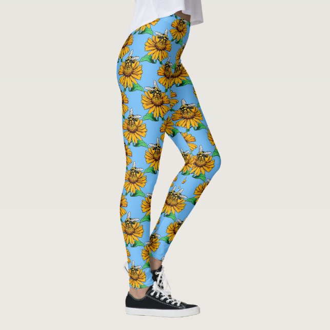 Bee on Sunflower Flower Pattern Design Blue  Leggings (Right)