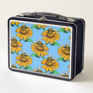 Bee on Sunflower Flower Pattern Design Blue Metal Lunch Box