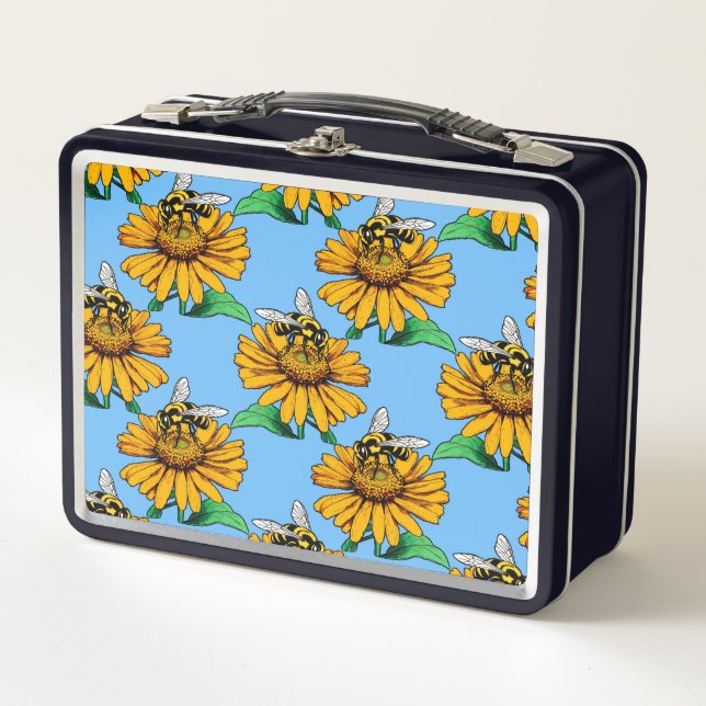 Bee on Sunflower Flower Pattern Design Blue  Metal Lunch Box (Front)