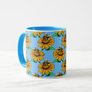 Bee on Sunflower Flower Pattern Design Blue  Mug