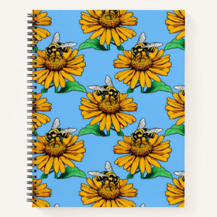 Bee on Sunflower Flower Pattern Design Blue Notebook