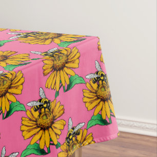 Bee on Sunflower Flower Pattern Design Blue  Tablecloth