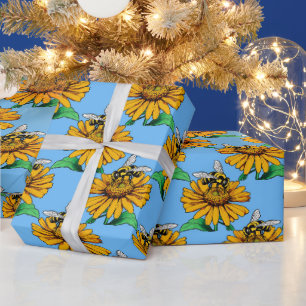 Bee on Sunflower Flower Pattern Design Blue Wrapping Paper
