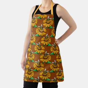 Bee on Sunflower Flower Pattern Design Brown  Apron