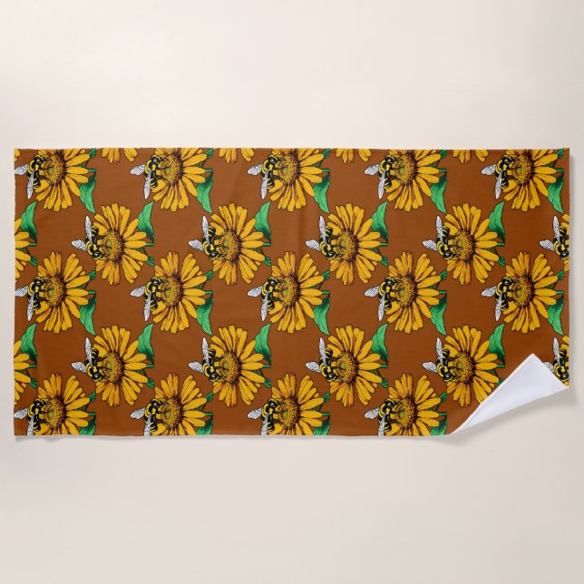Bee on Sunflower Flower Pattern Design Brown  Beach Towel (Front)