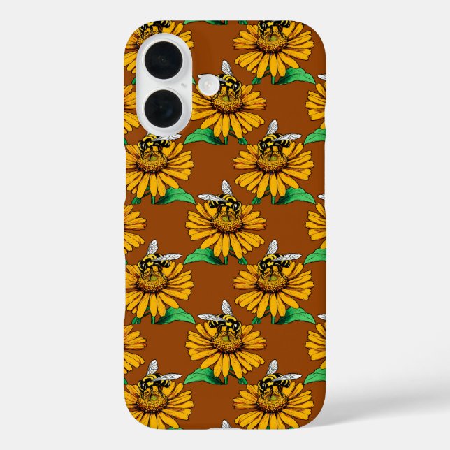 Bee on Sunflower Flower Pattern Design Brown  Case-Mate iPhone Case (Back)
