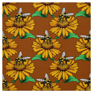 Bee on Sunflower Flower Pattern Design Brown Fabric