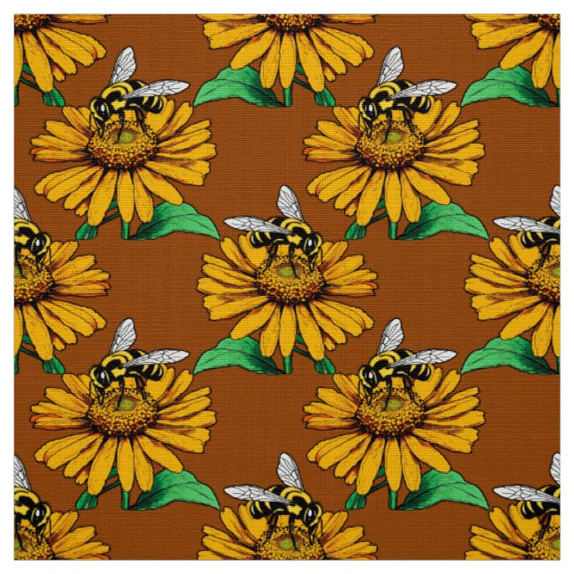 Bee on Sunflower Flower Pattern Design Brown  Fabric (Swatch)