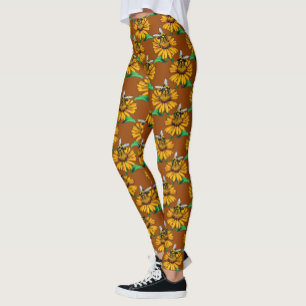 Bee on Sunflower Flower Pattern Design Brown Leggings