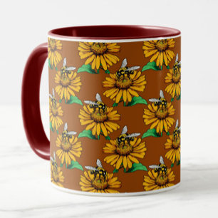 Bee on Sunflower Flower Pattern Design Brown Mug