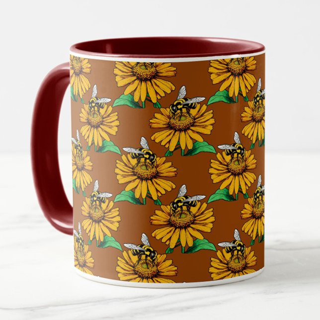 Bee on Sunflower Flower Pattern Design Brown  Mug (Creator Uploaded)