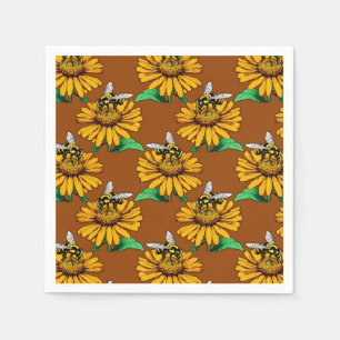 Bee on Sunflower Flower Pattern Design Brown  Napkin
