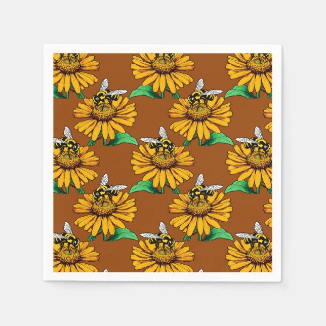 Bee on Sunflower Flower Pattern Design Brown  Napkin (Front)