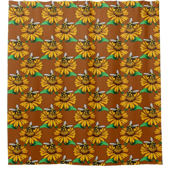 Bee on Sunflower Flower Pattern Design Brown  Shower Curtain (Front)