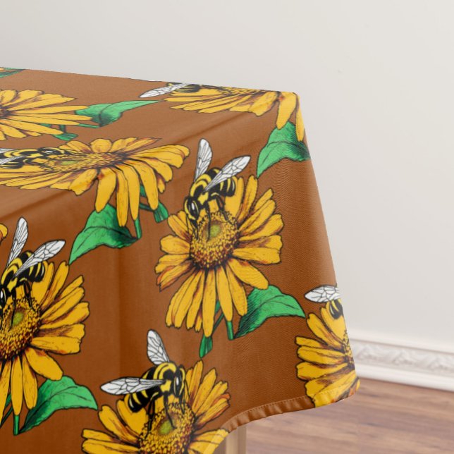 Bee on Sunflower Flower Pattern Design Brown  Tablecloth (Creator Uploaded)