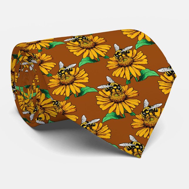 Bee on Sunflower Flower Pattern Design Brown  Tie (Creator Uploaded)