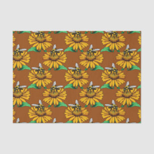 Bee on Sunflower Flower Pattern Design Brown Tissue Paper