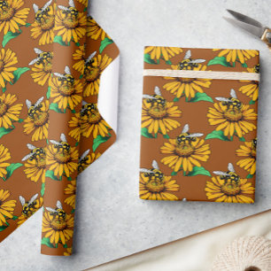 Bee on Sunflower Flower Pattern Design Brown Wrapping Paper
