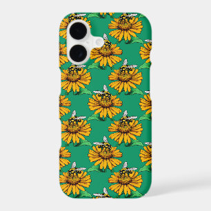 Bee on Sunflower Flower Pattern Design Green