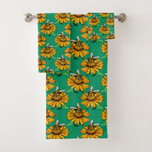 Bee on Sunflower Flower Pattern Design Green Bath Towel Set