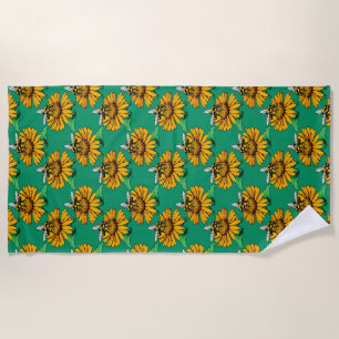 Bee on Sunflower Flower Pattern Design Green Beach Towel