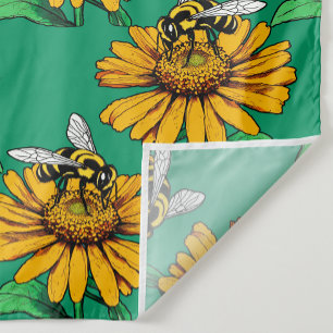 Bee on Sunflower Flower Pattern Design Green  Fabric