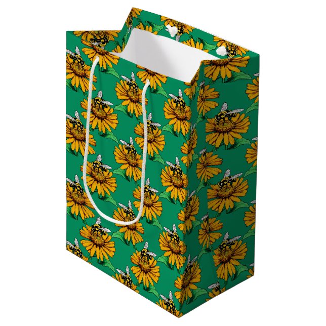 Bee on Sunflower Flower Pattern Design Green  Medium Gift Bag (Front Angled)