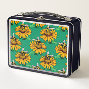 Bee on Sunflower Flower Pattern Design Green Metal Lunch Box