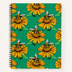 Bee on Sunflower Flower Pattern Design Green  Notebook