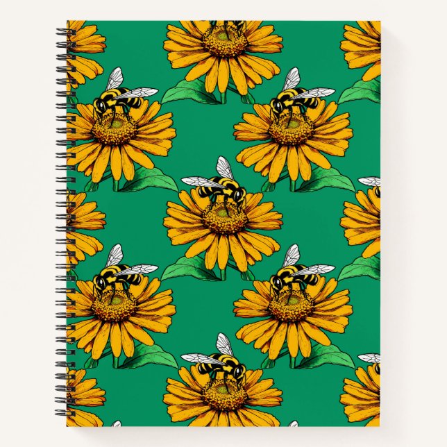 Bee on Sunflower Flower Pattern Design Green  Notebook (Front)