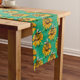 Bee on Sunflower Flower Pattern Design Green Short Table Runner