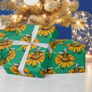 Bee on Sunflower Flower Pattern Design Green Wrapping Paper