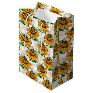 Bee on Sunflower Flower Pattern Design Medium Gift Bag