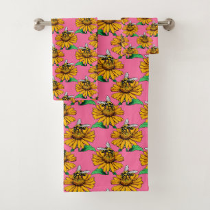 Bee on Sunflower Flower Pattern Design Pink Bath Towel Set