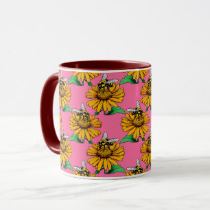 Bee on Sunflower Flower Pattern Design Pink Mug