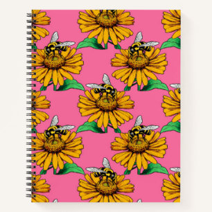 Bee on Sunflower Flower Pattern Design Pink Notebook