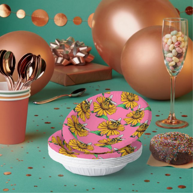 Bee on Sunflower Flower Pattern Design Pink Paper Plate (Multi)