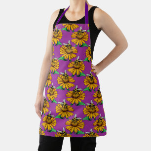 Bee on Sunflower Flower Pattern Design Purple Apron