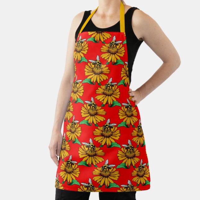 Bee on Sunflower Flower Pattern Design Red  Apron (Creator Uploaded)
