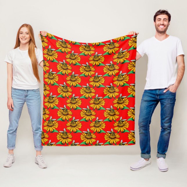 Bee on Sunflower Flower Pattern Design Red  Fleece Blanket (Creator Uploaded)