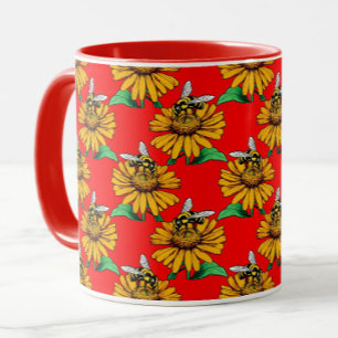 Bee on Sunflower Flower Pattern Design Red  Mug